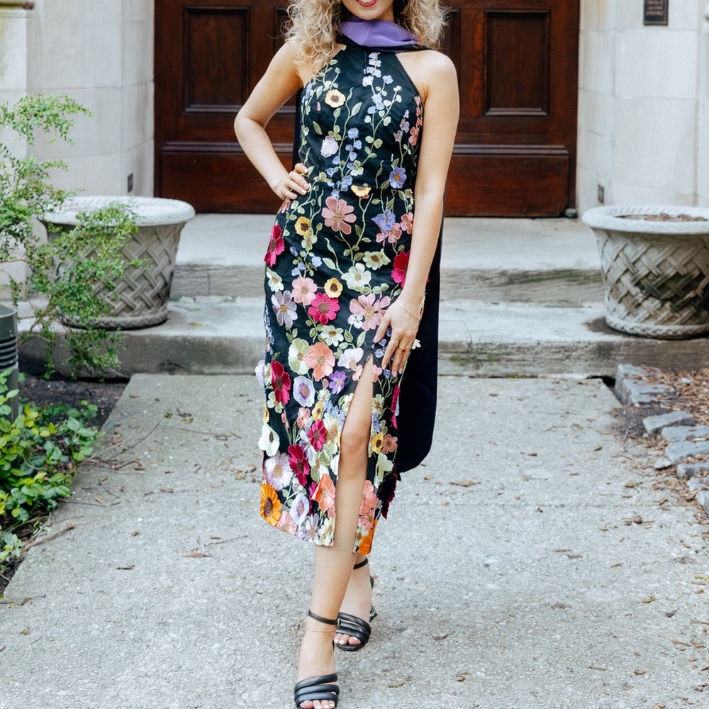 Black 3D Floral Embellishment High Neck Dress